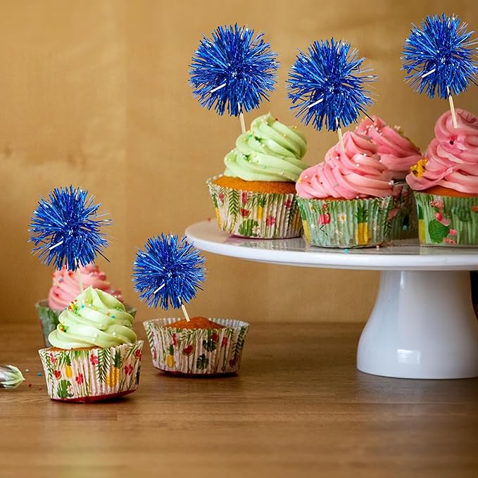 Gyufise 30Pcs Foil Firework Cupcake Toppers Sparkle Tinsel Cake Toppers Tinsel Drink Cake Decoration Cocktail Picks for Birthday Wedding Graduation Party Supplies Dark Blue
