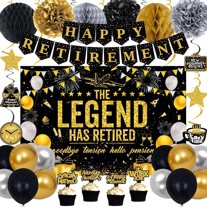Retirement Party Decorations Men Women, Black Gold Happy Retirement Decorations, Happy RetIrement Banner, Retired Backdrop, Balloons, Pompoms, Hanging Swirls, Retired Cards, Cake Toppers Set 54pcs