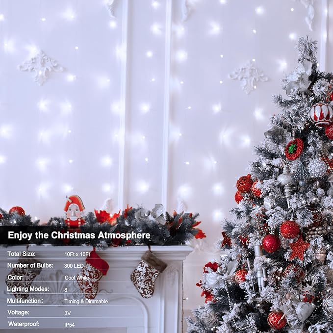 echosari Curtain Lights Battery Operated, 9.8Ft x 9.8ft 300 LED Curtain String Light with Remote Timer 8 Modes Hanging Lights for Wedding Party Home Garden Wall Decor (Cool White)