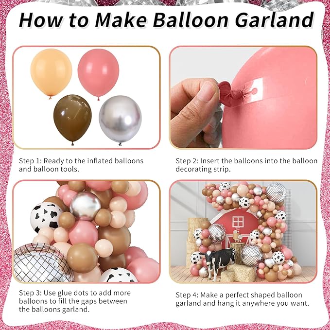 Cow Print Balloon Arch Kit, Dusty Pink and Brown Nude Balloon Garland Farm Cowgirl Western Balloons with Disco Ball Balloons for Rodeo Birthday Party Decorations Wild West Bachelorette Cowgirl Party