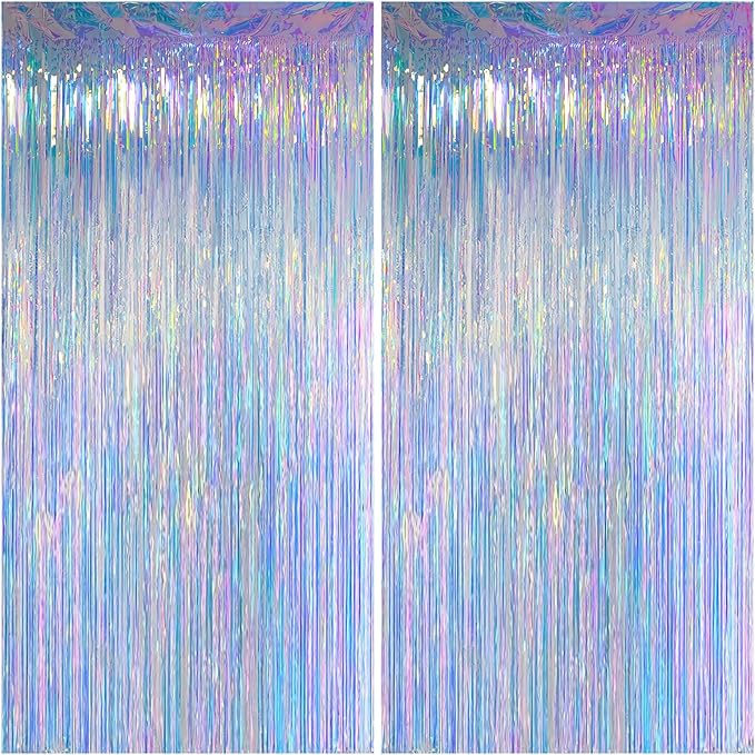 Melsan Iridescent Foil Fringe Backdrops Party Decorations - 3.2 x 6.56 ft Metallic Tinsel Photo Backdrop Curtains for Ocean Princess Birthday Parties - Iridescent 2 Packs