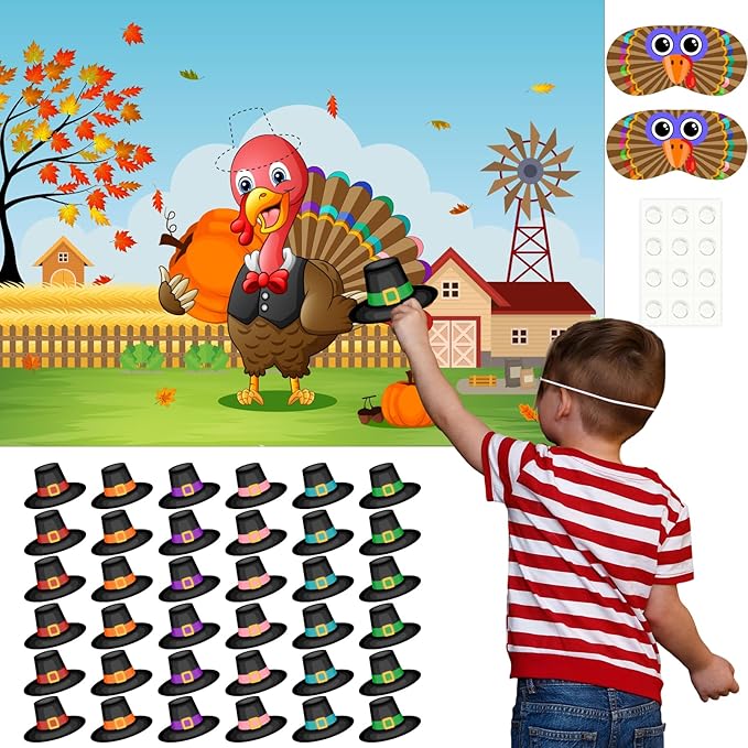 ASTARON Pin The Hat on Turkey Thanksgiving Pin The Tail Party Games Activities for Kids 36 Stickers Fall Festival Kids Birthday Family Party Games