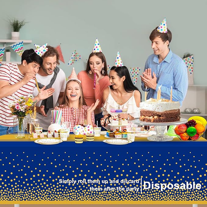 2 Pack Blue and Gold Tablecloth Party Decorations Plastic Blue Tablecloth Printed Gold Table Runner 54 x108 Inch Disposable Rectangle Table Cover for Birthday Wedding Graduation Anniversary