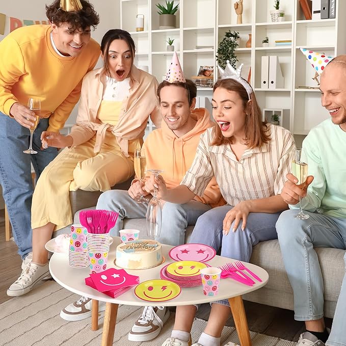 Kochorie 144 Pieces Preppy Smile Party Tableware Sets Including Disposable Plates Napkins Cups Forks Serves 24 for Smile Face Party Birthday Baby Shower Decor Party Supplies