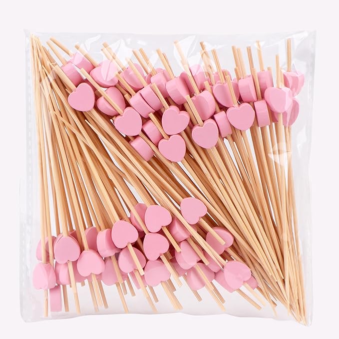 JtmyAota 100 Pack Fruit Toothpicks, Heart-Shaped Bamboo Cocktail Picks, Natural Bamboo Toothpicks for Appetizers Fruit Cake Dessert Barbecue Snacks Sandwiches (Pink)