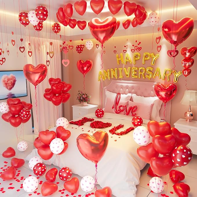 Happy Anniversary Decorations, Red Heart Balloons, Happy Anniversary Banner, Heart Hanging String, Rose Petals, Romantic Decor for Wedding, Valentines Day