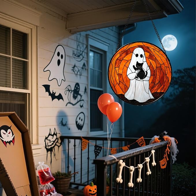 Stained Glass Window Hanging - Halloween Cute White Ghost Black Cat Suncatcher for Doors Garden Home Spooky Orange Sun Catchers Gothic Decor Horror Gift for Women Men Friend Boy Girl 6.3 in