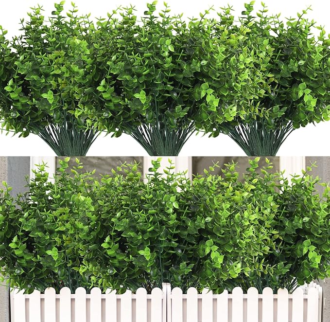 RECUTMS Artificial Boxwood Stems Fake Plant 12 Large Pieces, Faux Farmhouse Greenery Shrubs to Brighten up Your Wedding Home Kitchen Garden Patio Yard Indoor Outdoor Decor(Eucalyptus)