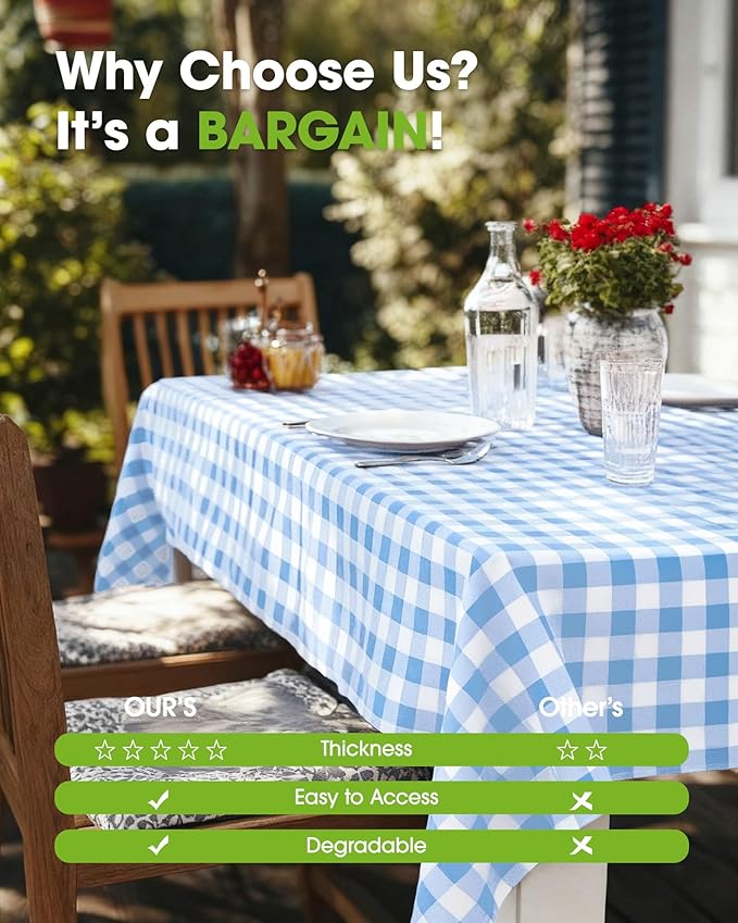 Pureegg Plastic Table Cloth Disposable 8 Pack, 54 x 108 Inch Table Cloths, Party, Picnic, Decorative Gingham Tablecloths, Rectangle, Blue and White Checkered Cover, Leakproof & Sturdy, Blue Plaid
