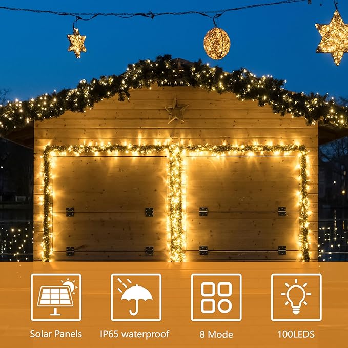2Pack-300LED Solar String Lights, 112Ft Solar String Lights Outdoor with 8 Modes ，Solar Christmas Lights Outdoor Waterproof for Yard, Fence,Balcony, Party,Christmas Tree Decorations (Warm White)