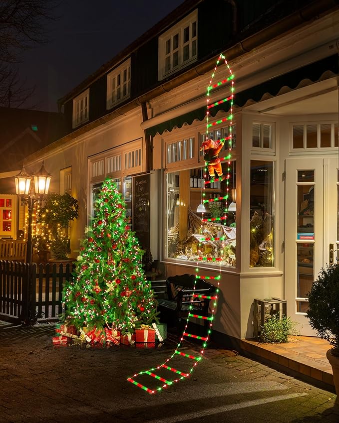 Toodour LED Christmas Lights - 10ft Christmas Decorative Ladder Lights with Santa Claus, Xmas Decorations Light for Indoor Outdoor, Window, Garden, Home, Wall, Xmas Tree Decor - Red & Green