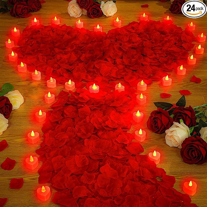 VIHOSE 4000 Pcs Artificial Rose Petals with 24 Pcs LED Tea Lights Candles Flameless LED Candles Fake Rose Petals for Wedding Birthday Party(Red Light, Red Petal)