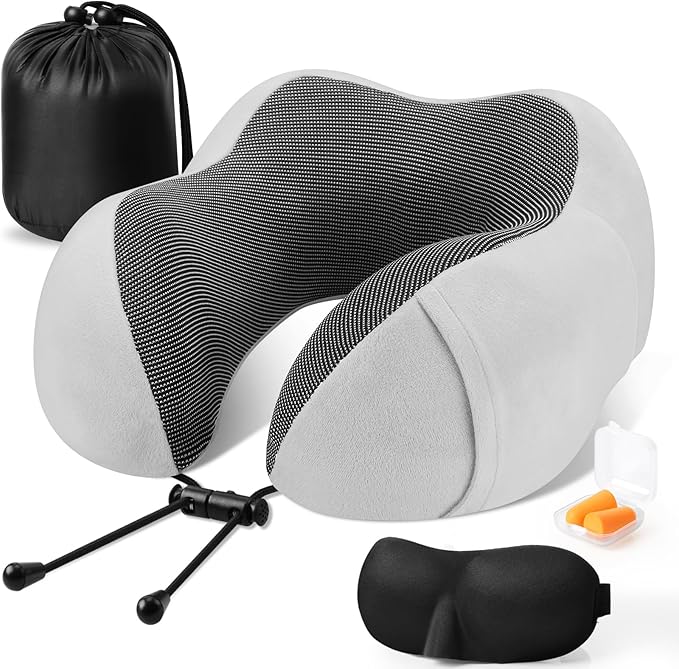 CloudBliss Travel Pillow Premium Memory Foam, Comfortable&Supportive Neck Pillow, Sleeping Neck Pillows for Travel, Airplane Pillow for Sleeping Airplane, Car, Office and Home （Light Grey）