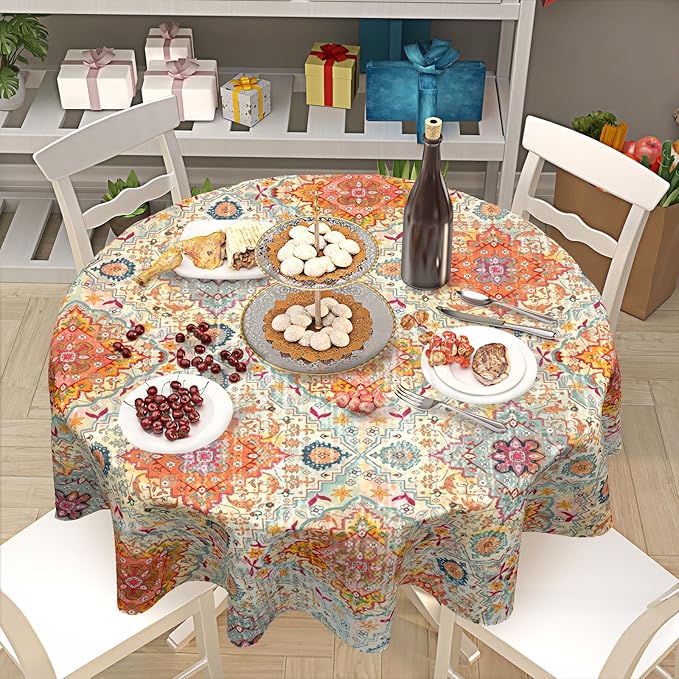 Boho Round Tablecloth Colorful Bohemian Circle Table Cloth 70 Inch Vintage Rustic Farmhouse Table Cover Washable Polyester Indoor Decorations for Home Kitchen Dinning Party