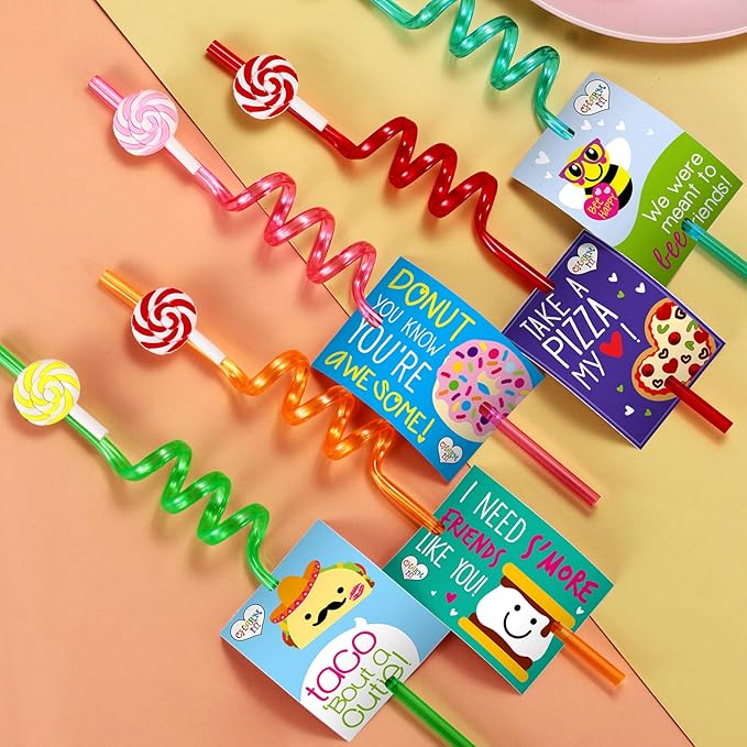 Candyland Party Supplies Drinking Plastic Straws Reusable 24 for Kids Sweet Candy Lollipop Birthday Party Favors with 2 Cleaning brush