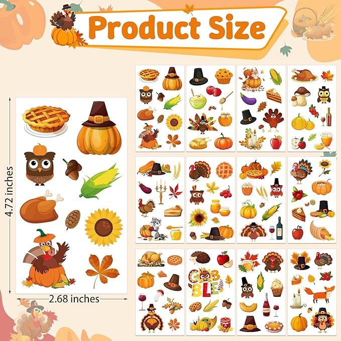117PCS Thanksgiving Temporary Tattoos for Kids, 9 Sheets Thanksgiving Stickers Turkey Pumpkin Leaves Nuts Patterns, Fall Tattoos Stickers for Harvest Gathering Party Favors Accessories Decorations