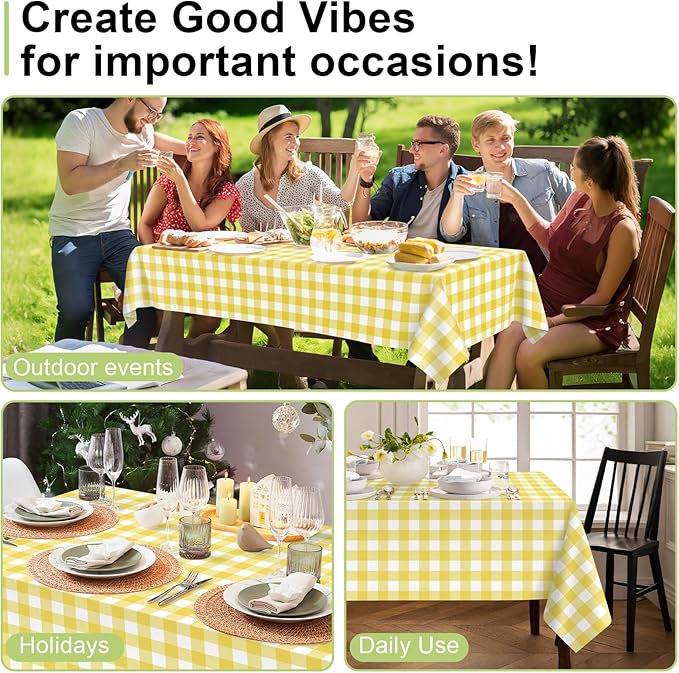 QIKSION Yellow Gingham Tablecloth Disposable 3 Pack, 54 x 108 Inch Yellow and White Checkered Table Cloth for Easter Decorations, Birthday Party Supplies, Rectangle, Plastic Table Cover
