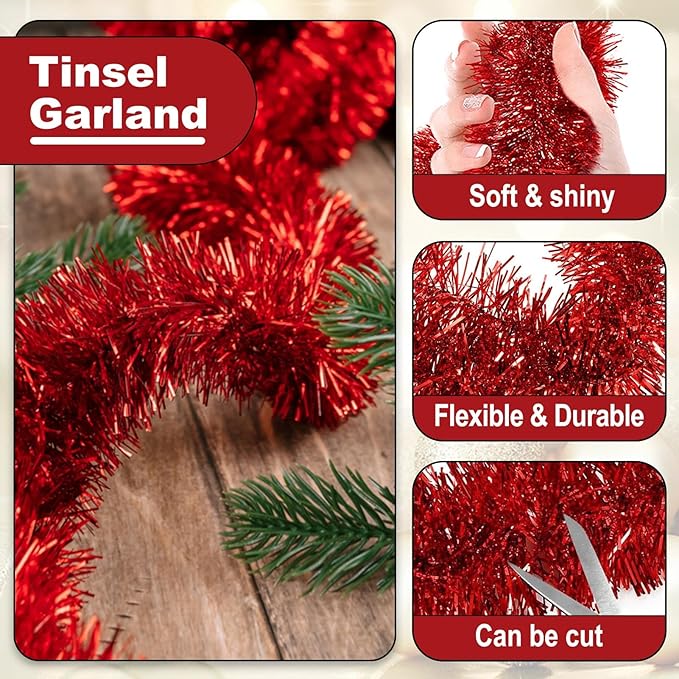 50 Feet Christmas Tinsel Garland, Metallic Twist Wall Hanging Tinsel Backdrop for Parade Floats, Carnival, Birthday, Wedding, New Year Party Decorations (Red, 2in x 50ft)