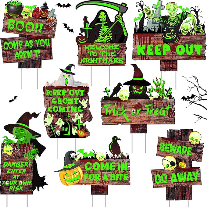 Jetec 8 Pcs Halloween Decorations Outdoor Glow in the Dark Beware Yard Signs Stakes Creepy Assorted Warning Sign Scary Zombie Theme Party Decor Supplies for Outdoor Lawn Yard Garden