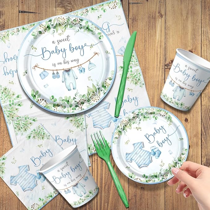 Greenery Baby Shower Tableware Set, Watercolor Blue Boy Plates, Napkins, Cups, Tablecloth for Boy Baby Shower Gender Reveal Supplies