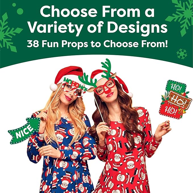 Christmas Photo Booth Props 38pc Set - Christmas Party Decorations, Party Favors, Games & Supplies for Kids Adults - Christmas Photo Props Backdrop Table Decorations Accessories