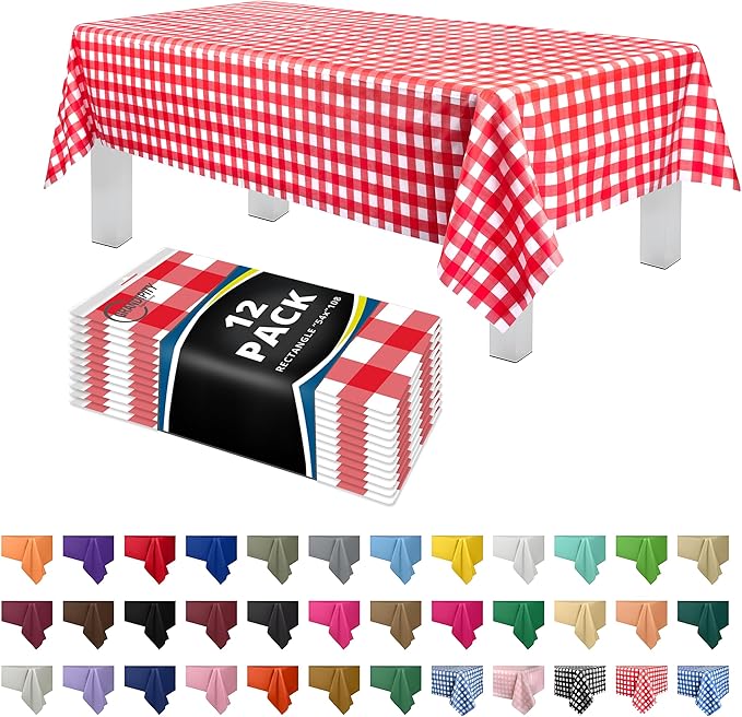 Grandipity 12 Pack Premium Disposable Plastic Picnic Tablecloth 54 Inch. x 108 Inch. Decorative Rectangle Table Cover - Red Checkered Gingham