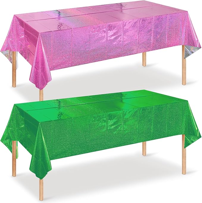 2 Pcs Iridescent Pink and Green Tablecloth Party Decorations, Holographic Foil Plastic Table Cloths for Rectangle Tables, Disposable Green and Pink Table Cover for Witch Theme Birthday Party Supplies