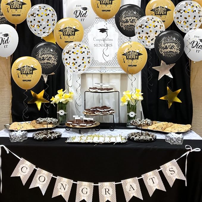 75 Pack Graduation Party Decorations Balloons Set - 12 Inch Black Gold Balloons with Balloon Ribbons for Graduation Party Decoration Supplies
