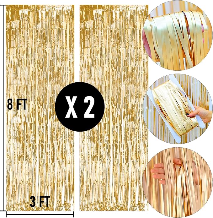 Dazzle Bright 2 Pack Backdrop Curtain, 3FT x 8FT Metallic Tinsel Foil Fringe Curtains Photo Booth Background for Baby Shower Party Birthday Wedding Engagement Bridal Shower (Champagne Gold)