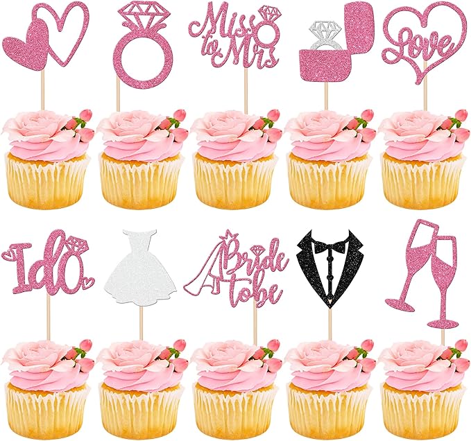 30 PCS Bride to Be Cupcake Toppers Glitter Miss to Mrs I Do Love Heart Ring Cupcake Picks Wedding Bridal Shower Cake Decorations for Wedding Engagement Bachelorette Party Supplies Pink