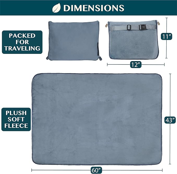 PAVILIA Travel Blanket Pillow, Soft Airplane Blanket 2-IN-1 Combo Set, Plane Blanket Compact Packable, Flight Essentials Car Pillow, Travelers Gift Accessories Luggage Backpack Strap, 60x43 Slate Blue