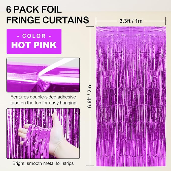Homiest 6 Pack Hot Pink Tinsel Backdrop, 3.3x6.6 FT Metallic Tinsel Foil Fringe Curtains Party Decorations, Birthday Door Streamers for Baby Shower Wedding, Photo Booth Props Background Wall Decor