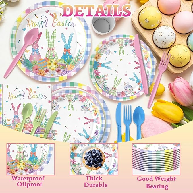 168PCS Happy Easter Plates and Napkins Forks Sets - Disposable Spring Flowers Paper Plates Set Colorful Eggs Themed Round Tableware for Easter Party Supplies Favors Table Decor(Serves 24)