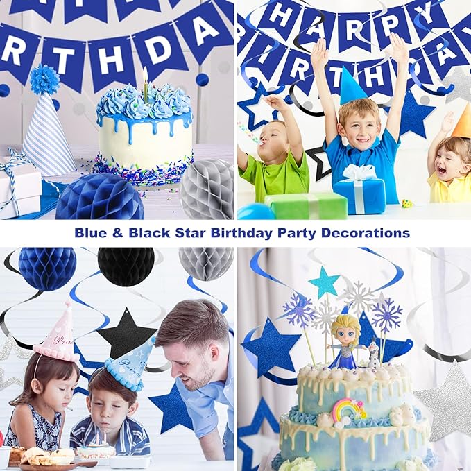 meowtastic Birthday Decorations, Happy Birthday Banner with Honeycomb Balls, Star Hanging Swirl Streamer, Circle Dot Garland, Happy Birthday Party Decorations for Women Men Boys Girls (Blue & Silver)