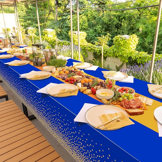 MASHAN 1Pcs Blue Gold Tablecloth Party Decorations,Plastic Royal Blue Table Cloth Printed Gold Table Runner Disposable Rectangle Cover for Birthday Anniversary Wedding Graduation Party,54 x108 Inch