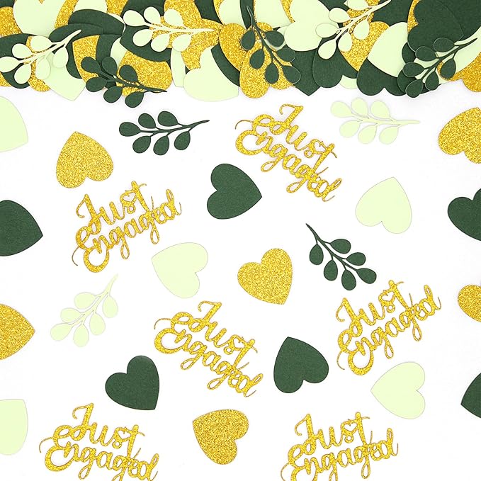 200PC Greenery Engagement Party Decorations Sage Green and Gold Heart Engagement Confetti Just Engaged Table Scatters for Nature Wedding Bridal Shower Bachelorette Party Decor Supplies