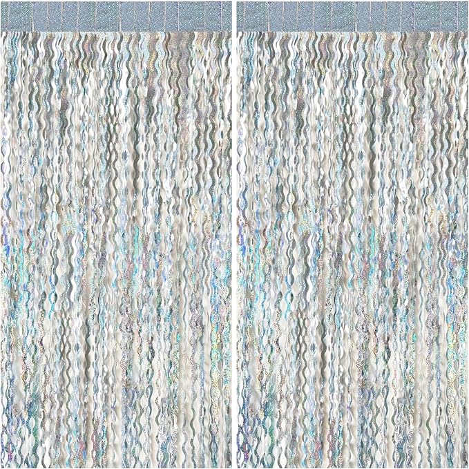 2 Pack Silver Backdrop Curtain Tinsel Streamers Sparkle Metallic Wavy Foil Fringe Photo Booth Props for Birthday Graduation Bachelorette New Year Christmas Wedding Disco Party Decorations