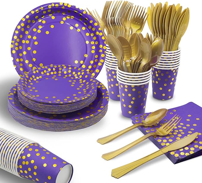 AIRE 175PCS Purple Gold Paper Plates Party Supplies for 25 Guests Party Decorations Disposable Dinnerware Paper Plates Cups Napkins Gold Plastic Forks Knives Spoons for Birthday Baby Shower Wedding