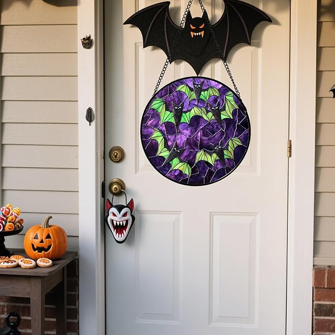 Stained Glass Window Hanging - Halloween Decorations Black Bat with Green Wings Suncatcher for Doors Garden Indoor Spooky Sun Catchers Gothic Decor Horror Gifts for Women Men Friend 7.8 in