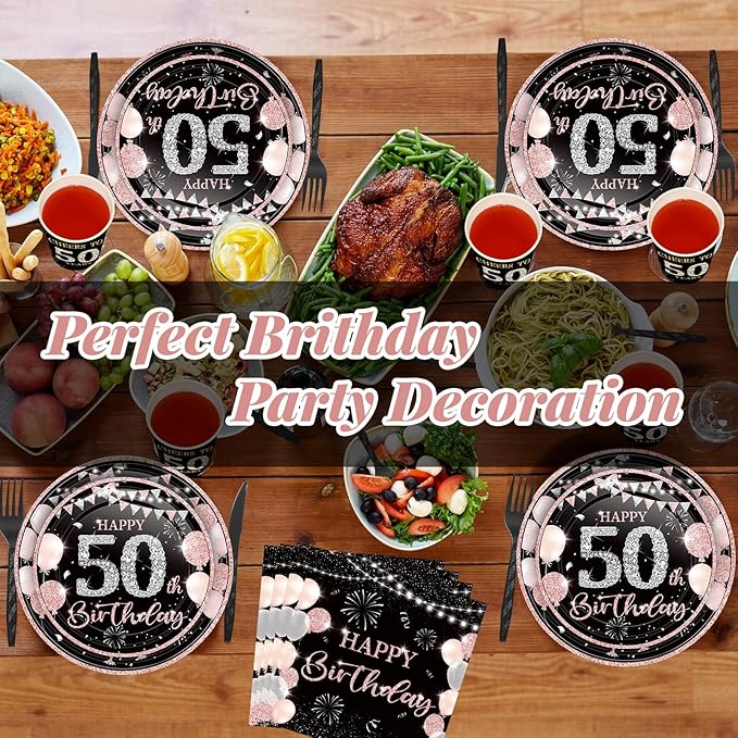 240 Pcs 50th Birthday Decorations 1976 Birthday Party Tableware Include Plates Napkins 9oz Cups Cutlery 50th Anniversary Party Supplies for Men Women Him Her, Serve 30 Guests (Black Pink)