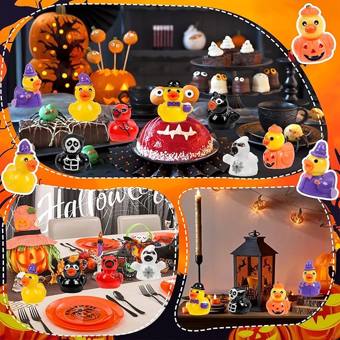 120 Pcs Halloween Mini Ducks 8 Styles Miniature Resin Ducks Bulk Skeleton Pumpkin Witch Devil Ghost Tiny Duck Figures for Halloween Party Favors Gift DIY Craft Dollhouse Decorations
