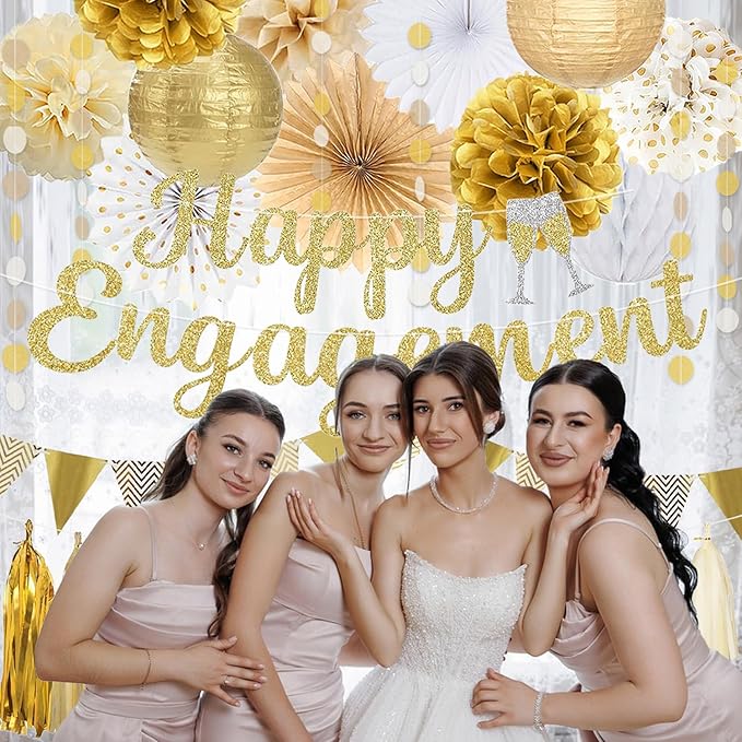 Engagement Party Decorations, Gold Glitter Happy Engagement Banner, Almost Married/Just Engaged Photo Background, Paper Tassel Garland for Congratulations Wedding Bachelorette Party Shower Décor