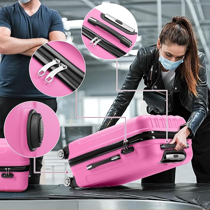 Karl home Luggage Set of 3 Hardside Carry on Suitcase Sets with Spinner Wheels & TSA lock, Portable Lightweight ABS Luggages for Travel, Business - Pink (20/24/28)
