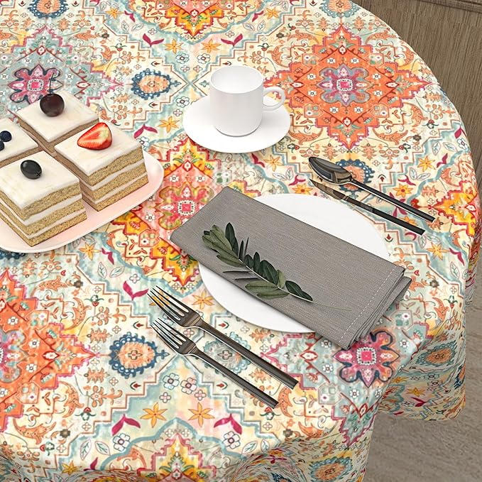 Boho Round Tablecloth Colorful Bohemian Circle Table Cloth 70 Inch Vintage Rustic Farmhouse Table Cover Washable Polyester Indoor Decorations for Home Kitchen Dinning Party