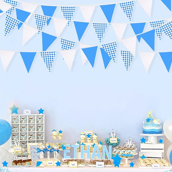32Ft Blue Party Decorations Blue Buffalo Plaid Checkered White Triangle Flag Gingham Pennant Bunting Fabric Garland for Picnic Racing Car BBQ Birthday Wedding Carnival Party Outdoor Home Garden Decor
