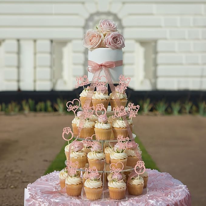 Gyufise 24Pcs Rose Gold He Asked She Said Yes Cupcake Toppers Diamond Ring Heart Cake Picks for Wedding Engagement Party Cake Decorations