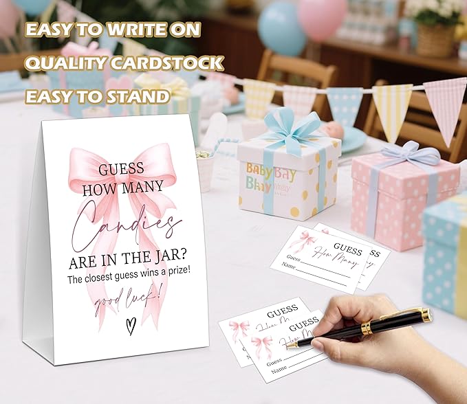 Pink Bow Guess How Many Candies Are In The Jar Game, Baby Shower Game, Include One 5×7 Sign and 50 Guessing Cards, Pink Coquette Bow Gender Reveal Party Decoration Supplies - FE17