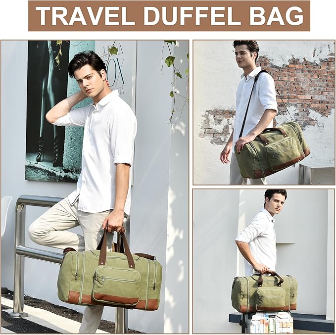 Litvyak Duffle Bag for Travel, Large 60L Canvas Travel Duffel Bags Overnight Weekend Gym Carry On Luggage Bag for Men & Women(Army Green)