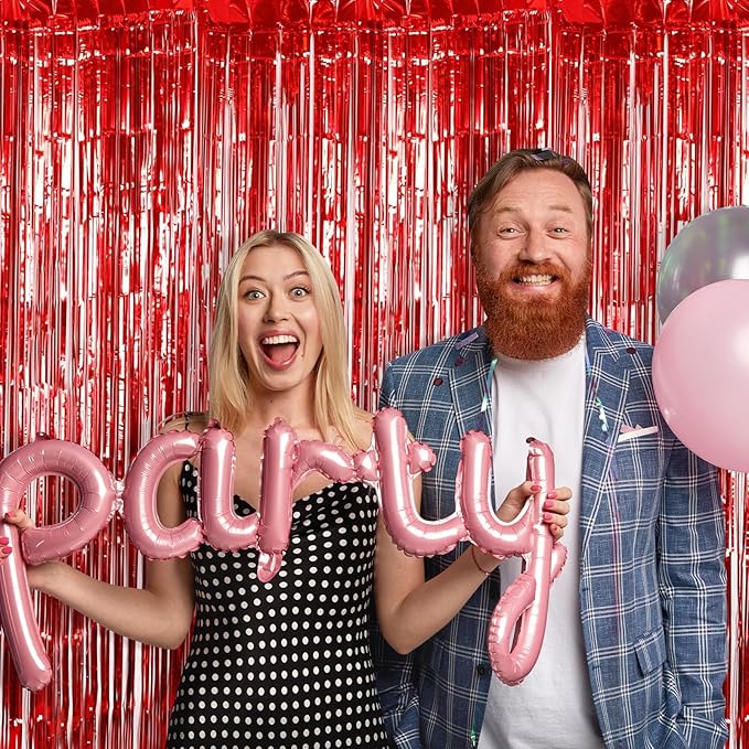 6 Pack Red Foil Curtain Backdrop 3.2ft x 6.6ft Metallic Tinsel Fringe Backdrop Curtains Streamer Photo Booth Backdrop for Birthday Engagement Bachelorette Christmas Holiday Party Decorations