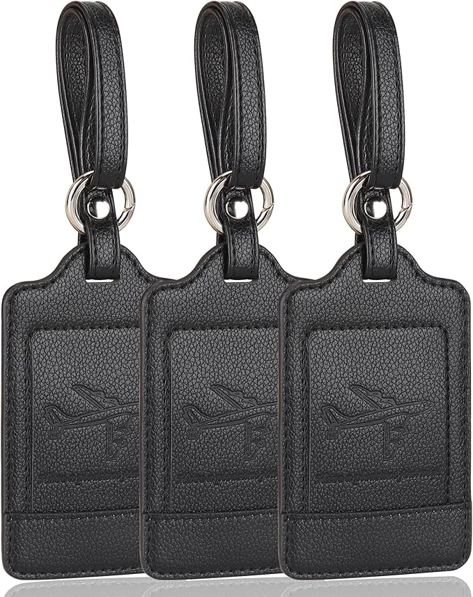 3 Pack Luggage Tags - Quick Install, Privacy Protection, Airplane Travel Essentials for Suitcases, Durable Leather - Lichee Black